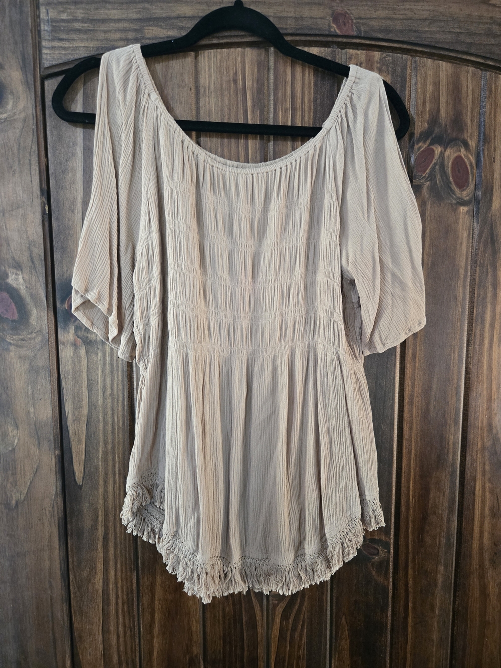 Cato Beige Scoop-Neck Smocked Peasant Top